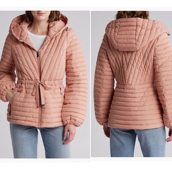BCBGeneration Diagonal Seam Puffer Hooded Jacket Coral Pink Size Medium (8), NWT - Picture 2 of 16